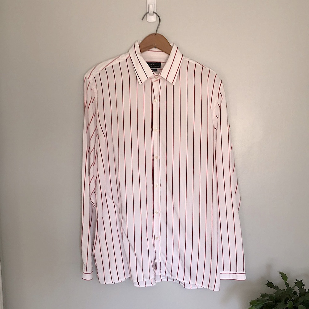❤️ Zara Mens Red Stripe Button Down Relaxed Fit Sz L